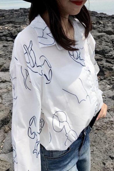 Simple Line Sketch Pattern Lapel Long Sleeve Loose Buttons Down Shirt