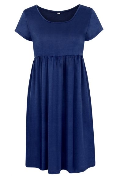 Simple Plain Scoop Neck Cap Shoulder Short Sleeve T-shirt Mini Dress