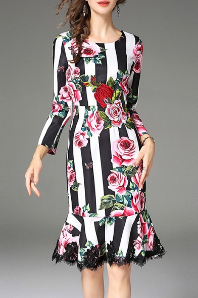 Chic Floral Pattern Striped Long Sleeve Ruffle Lace Hem Slim Midi Dress