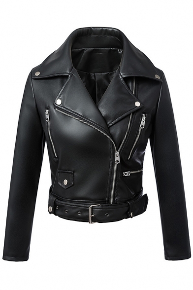 Chic Notched Collar Zipper Embellished Belted Waist Biker Jacket
