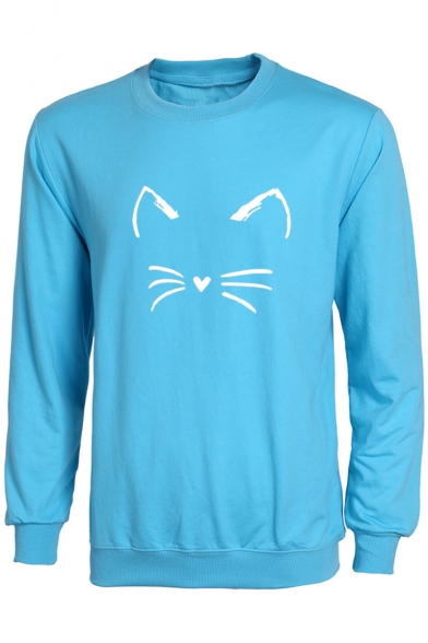 Cute Cartoon Cat Round Neck Long Sleeve Pullover Sweatshirt