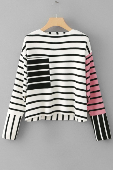 Fashion Color Block Striped Pattern Long Sleeve Round Neck Sweater