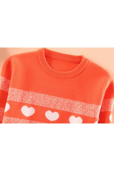 Fashion Heart Print Stripe Detail Round Neck Long Sleeve Pullover Sweater