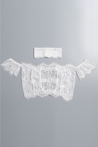 Floral Pattern Off-the-shoulder Sheer Mesh Cropped Top with Lace Choker