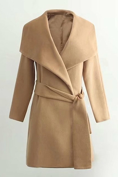 Folded Collar Long Sleeves Belted Solid Tunic Coat