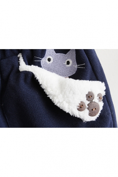 Leisure Embroidery Cartoon Cat Pattern Color Block Elastic Waist Shorts