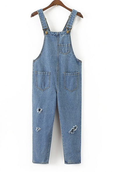 Light Wash Ripped Out Straps Denim Jumpsuit with Pockets