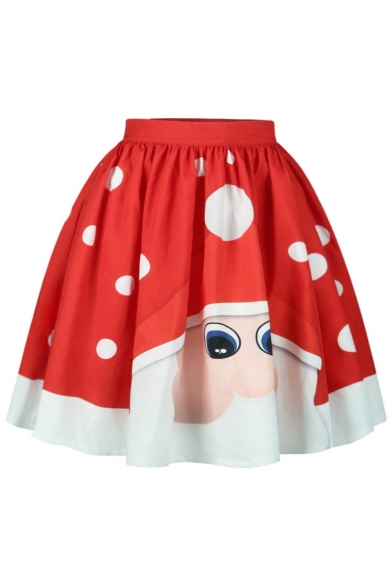 New Arrival Cartoon Santa Claus Pattern High Waist Midi Flared Skirt