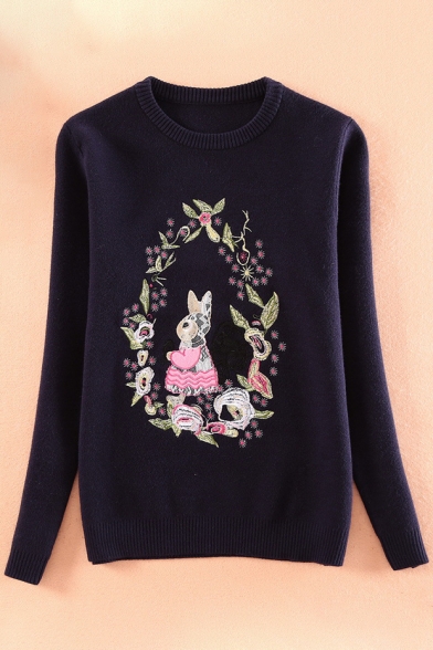 

New Stylish Rabbit Floral Embroidered Round Neck Long Sleeve Pullover Sweater, Dark navy;white