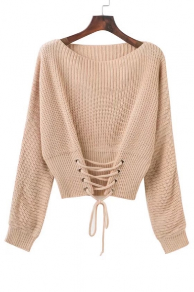 New Stylish Lace-Up Front Round Long Sleeve Plain Loose Pullover Sweater