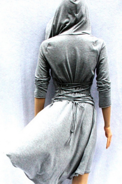 New Stylish Solid Tie Back Long Sleeve Dip Hem Hooded Dress