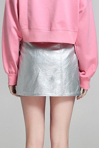 New Trendy Plain Metallic Silver Leather Mini Skirt