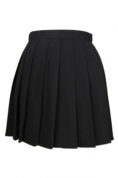 Simple Plain High Waist Pleated Short Skirt
