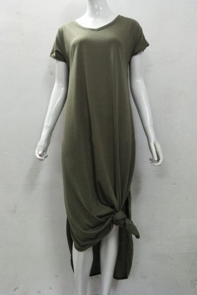 Simple Plain V-Neck Split Side Short Sleeve Maxi Dress