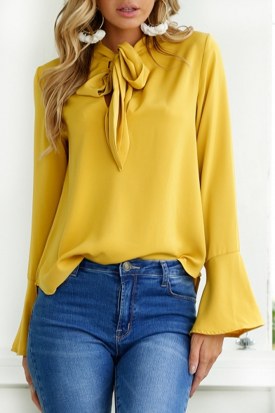 Tie Neck Keyhole Front Plain Long Sleeve Bell Cuff Pullover Blouse