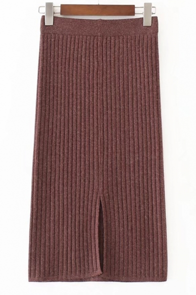 Elastic Waist Fashion Split Back Simple Plain Midi Knit Bodycon Skirt