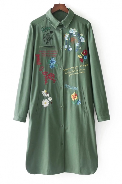 Lapel Collar Long Sleeve Chic Letter Floral Embroidered Buttons Down Coat