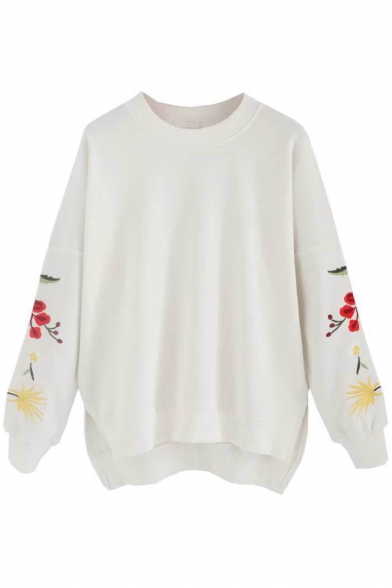 New Stylish Embroidered Split Side Dip Hem Round Neck Long Sleeve Pullover Sweatshirt
