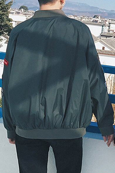 Simple Crew Neck Badge Embellished Side Long Sleeve Zip-Up Bomber Jacket