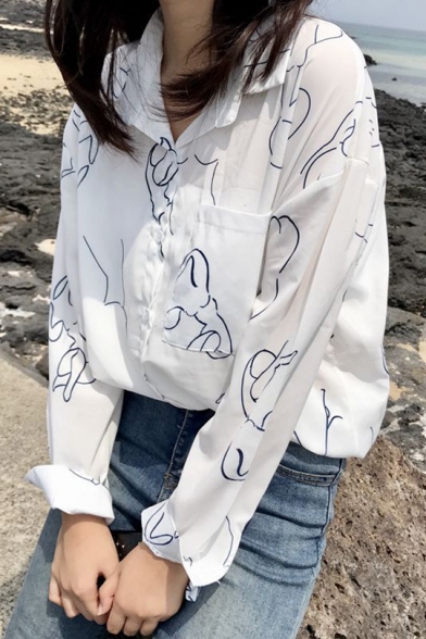 Simple Line Sketch Pattern Lapel Long Sleeve Loose Buttons Down Shirt