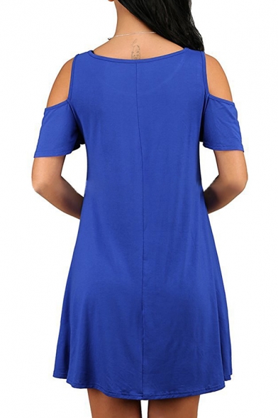 Simple Plain Round Neck Cold Shoulder Short Sleeve Mini T-shirt Dress with Pockets