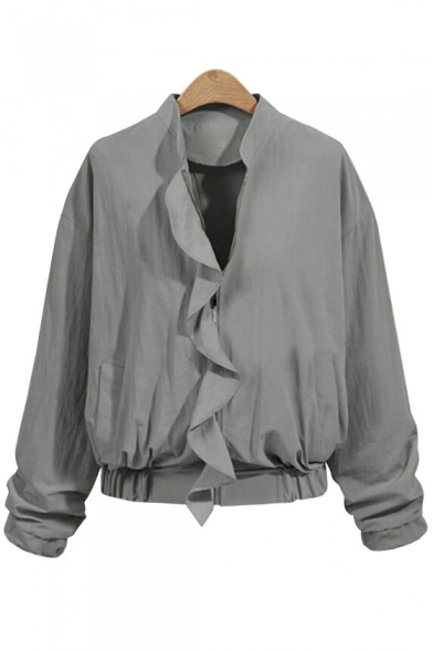 Stand-Up Collar Ruffle Trim Embellished Zipper Long Sleeve Cropped Coat