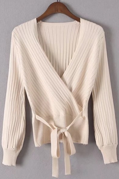 V-Neck long Sleeves Textured Tie Front Solid Knitted Sweater
