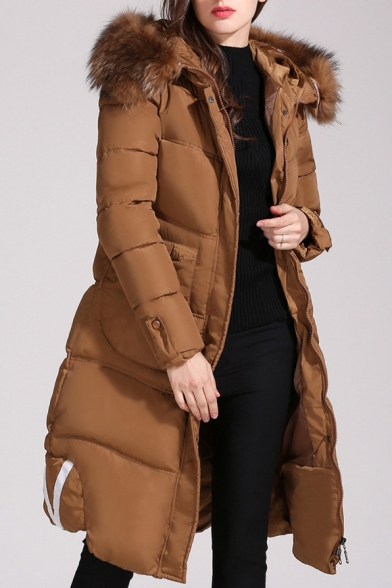 Women's Faux Fur Hooded Zip-Up Long Sleeve Longline Slim Down Coat
