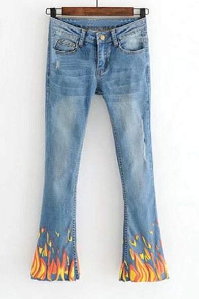 Zip Fly Ripped Detail Fire Print Jeans Faded Flared Jeans