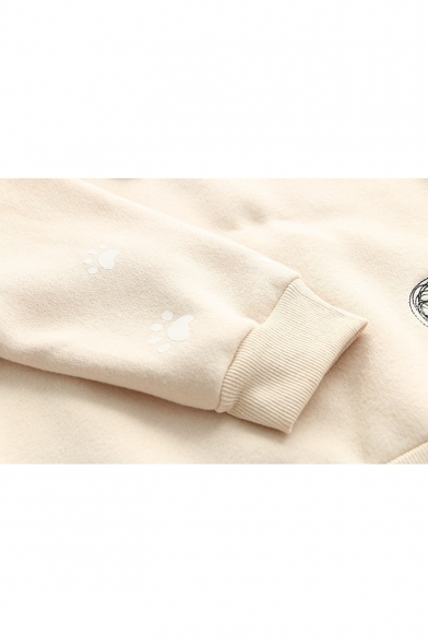 Cartoon Cat Embroidered Long Sleeve Round Neck Pullover Casual Sweatshirt
