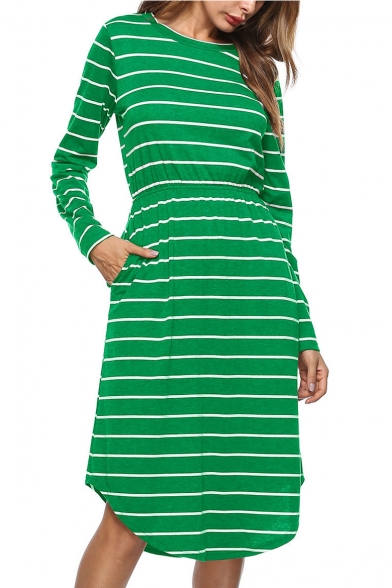 Color Block Striped Pattern Elastic Waist Round Neck Long Sleeve T-shirt Midi Dress