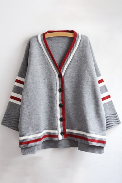 Color Block Striped Trim Dipped Hem Ribbed Long Sleeve Cardigan