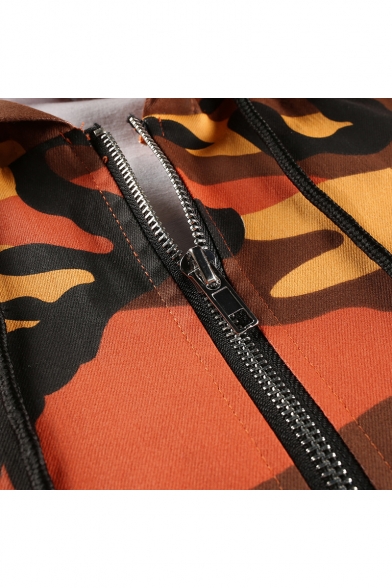 Fashion Camouflage Print Drawstring Hood Long Sleeve Zip Front Flap-Pocket Coat