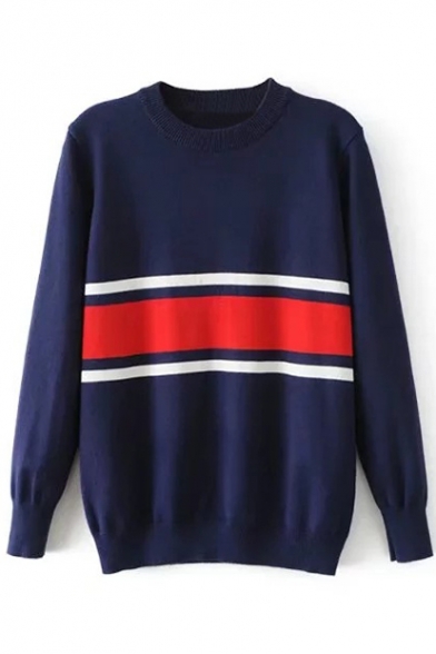 Fashion Color Block Striped Print Round Neck Long Sleeve Pullover Sweater