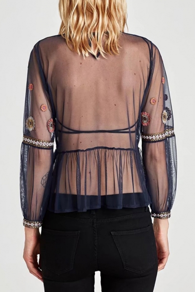 Fashion Sexy Sheer Mesh Chic Embroidered Long Sleeve Round Neck Blouse