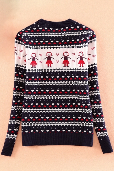 Fashion Tribal Print Round Neck Long Sleeve Pullover Sweater