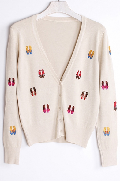 New Arrival Cartoon Shoes Embroidered V-Neck Buttons Down Long Sleeve Cardigan
