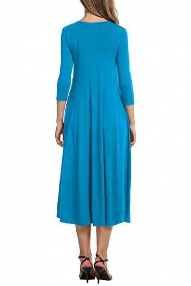 New Fashion Simple Plain Round Neck 3/4 Length Sleeve Midi Swing Dress