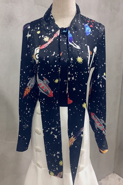 New Fashion Starry Robot Pattern Bow Neck Long Sleeve Blouse