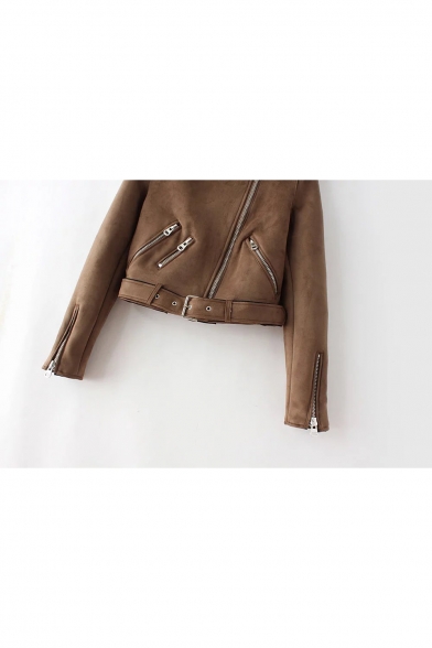 New Stylish Notched Collar Zipper Embellished Belted Waist Biker Jacket