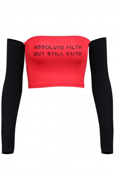 New Stylish Simple Letter Print Off Shoulder Long Sleeve Crop Tee