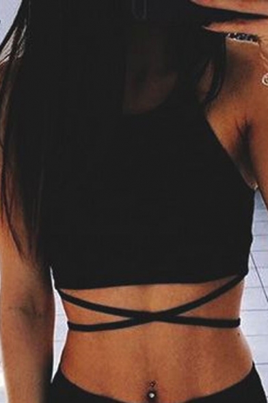 Sexy Spaghetti Straps Hollow Out Crisscross Back Cropped Tee