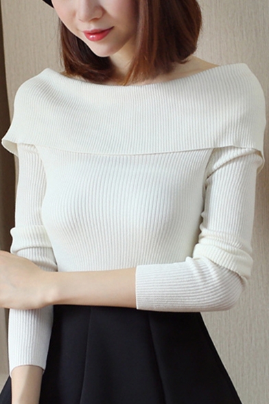 Simple Plain Boat Neck Long Sleeve Pullover Skinny Ribbed Sweater