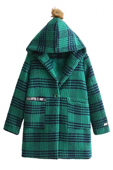 Classic Plaid Print Single Button Faux Fur Ball Embellished Hooded Tunic Coat