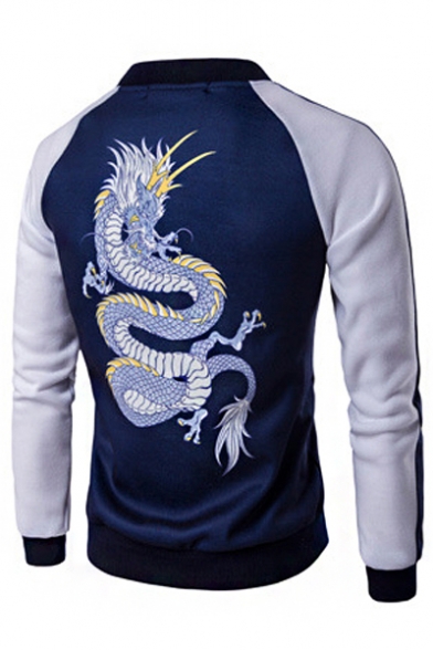 Color Block Dragon Pattern Striped Side Long Sleeve Baseball Jacket