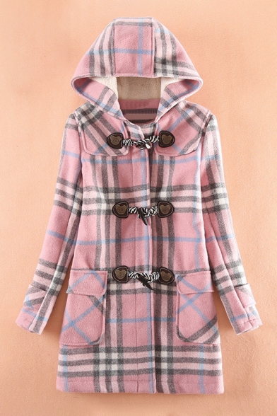 Fashion Grid Print Hood Long Sleeve Flap-Pocket Toggle Tunic Coat