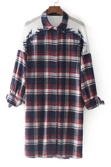 New Arrival Fashion Lace Inserted Plaids Printed Long Sleeve Tunic Shirt