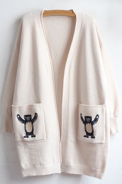 New Fashion Bear Embroidered Open Front Long Sleeve Cardigan with Pockets