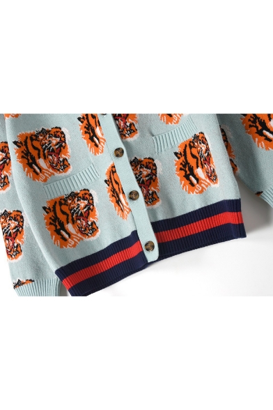 New Stylish Animal Print Stripe Hem V-Neck Long Sleeve Cardigan