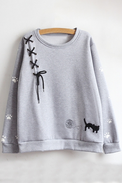 Cartoon Cat Embroidered Round Neck Long Sleeve Pullover Sweatshirt